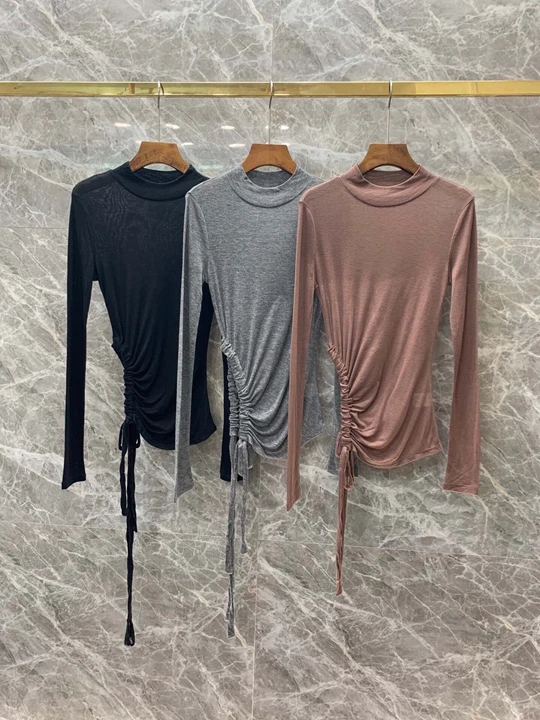 

2019 Early autumn new women's round collar side pull-rope pure color long sleeve jacket 825