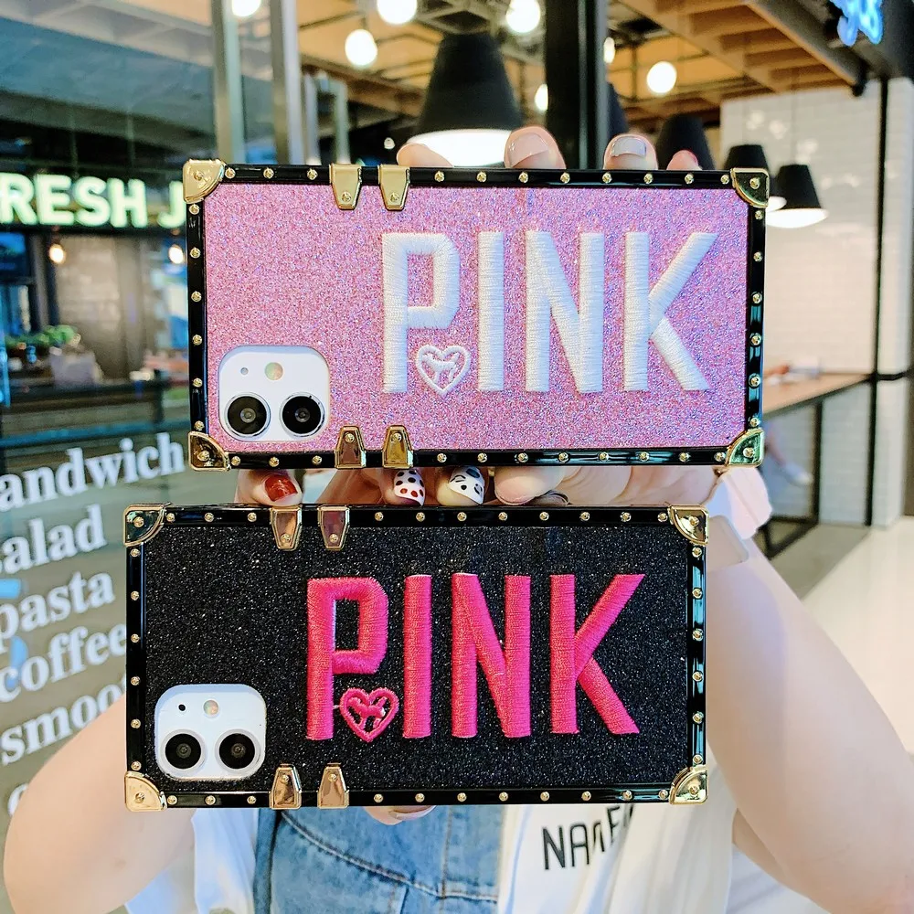 

Embroidered pink English lettersphone back cover coque for iPhone XR X XS Max 11 Pro Max 6 6s 7 8 plus Square glitter background