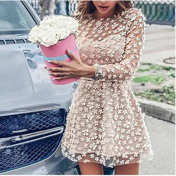 

Fashion 2019 Summer Elegant Women Mini Dress Long Sleeve Floral Lace Dress Celebrity Party Dress Vestidos