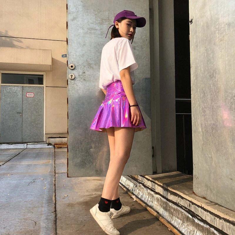 Женская плиссированная юбка Harajuku Лазерная опрятная юбка Мини Милая школьная форма Дамская Jupe из искусственной кожи кавайная юбка Saia Faldas