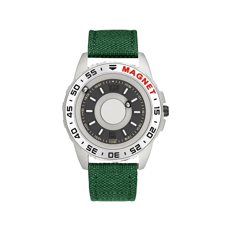 Новые часы eutour мужские инновационные магнитный шарик шоу кварцевые мужские часы из натуральной кожи холщовый стальной ремешок часы Relogio Masculino - Цвет: Silver Green Canvas