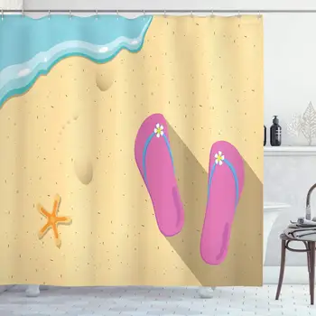 

Flip Flop Shower Curtain, Pinky Beach Thong and Starfish on Grainy Looking Sands by The Waves, Cloth Fabric Bathroom Decor Set