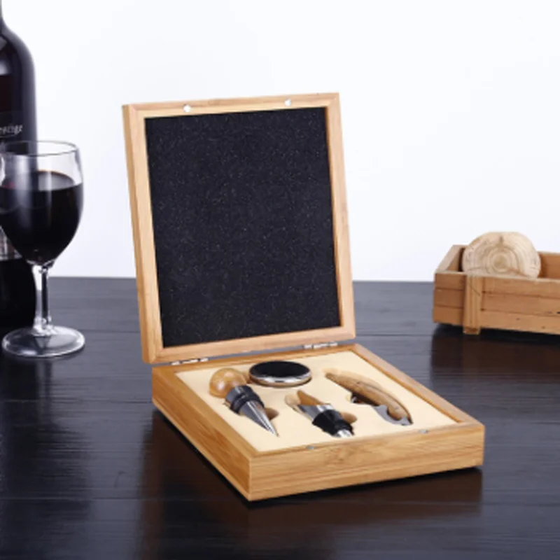 Premium Wine Tools Automatic Bottle Opener Corkscrew Bamboo Business Gift Sets For Wine Accessories 4pcs