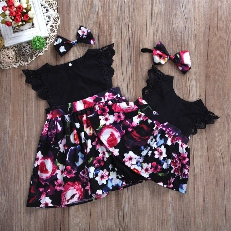 Ruffled Short sleeve Little sister and Big sister Matching Floral Dress Romper