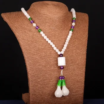 

Wholesale Xinjiang Hetian White Magnolia Sweater Chain 6mm White Jade Bead Necklace Women's Orchid Pendant Sweater Chain