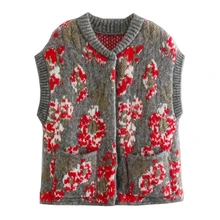 

Elmsk Sweaters Women Winter Knitted Vest Women Indie Folk Vintage Flower Jacquard Weave Single Breasted Sleeveless Short Tops