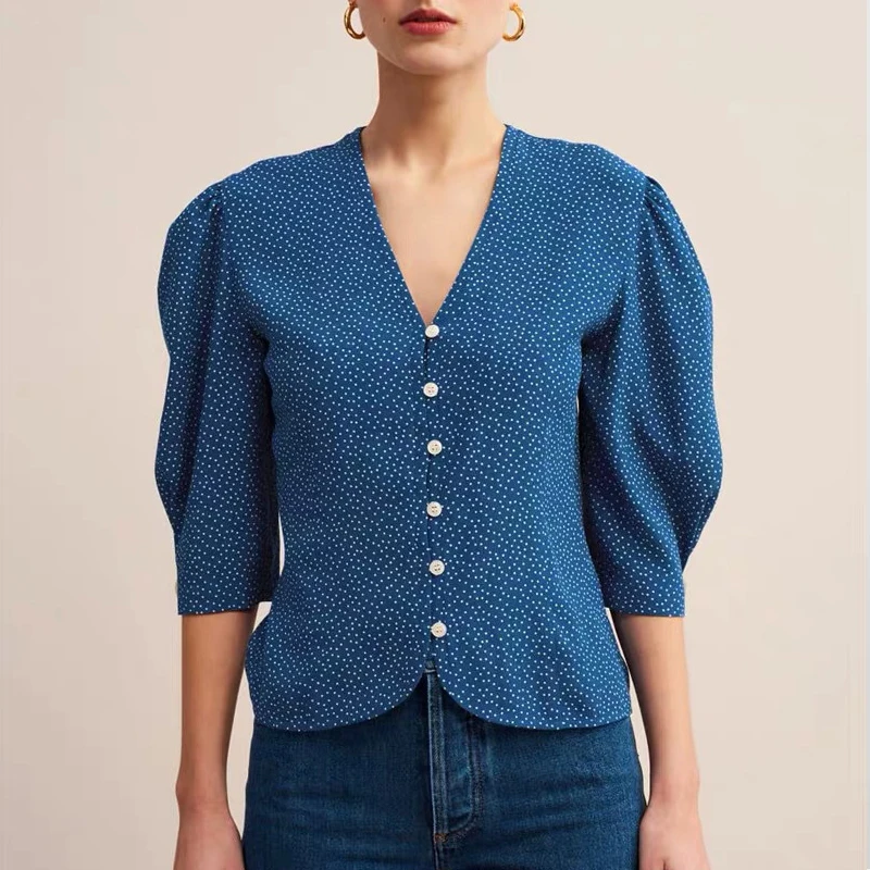 

Wavelet Point Lantern Sleeve Top Early Autumn Style French Deep V-neck Vintage Navy Blue Wave Point Women's Shirt