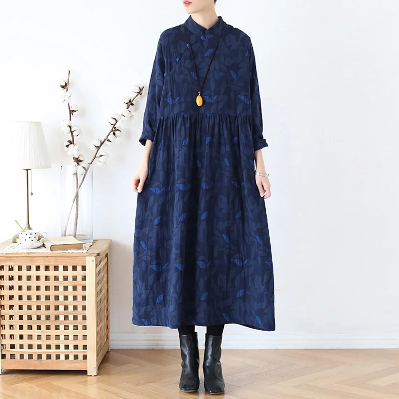 Винтажное жаккардовое платье для женщин, хлопок, лен, китайский стиль, халат, зима, новинка, стоячий длинный рукав, цветочный принт, платье - Цвет: Navy blue