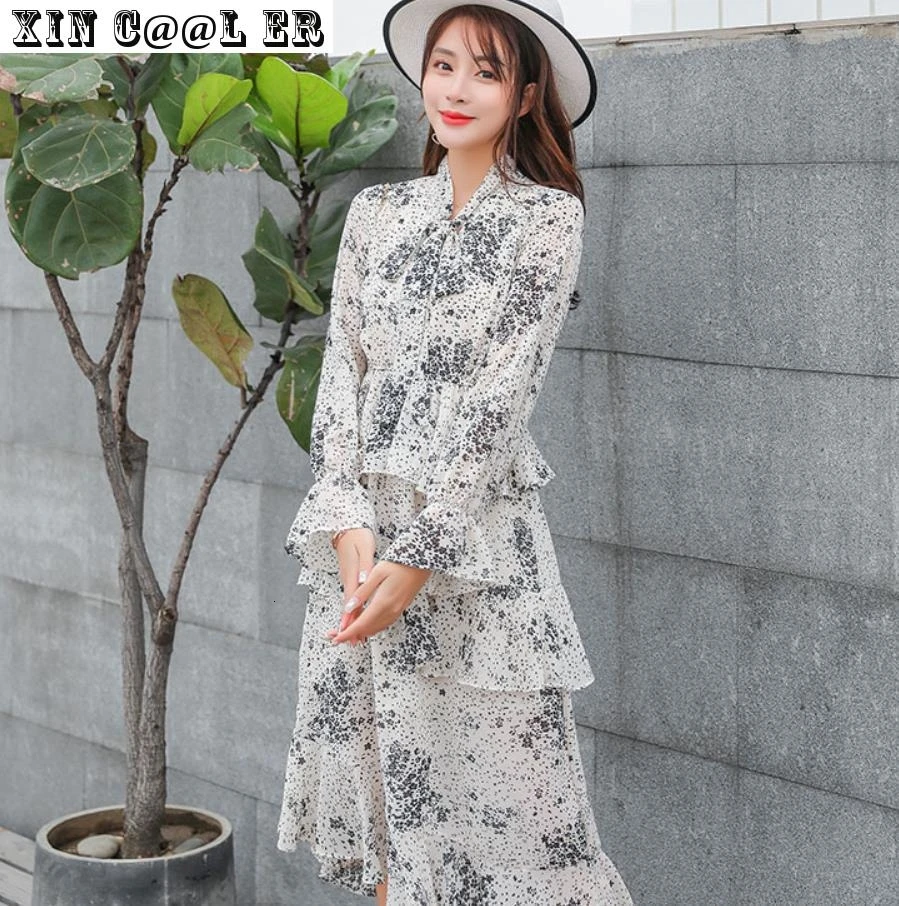 

Spring Sweet Cascading Ruffle Women Polka Dot Floral Dress Long Female Dresses Red Dress Designer Fashion Sexy Flare Sleeve Tie