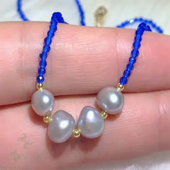 

2mm Blue Spinel Grey Baroque Pearl Necklace 18 inches Cultured Wedding Diy Real Chic