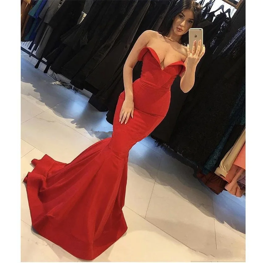 

NUOXIFANG 2020 Hot Selling Glamorous Red Evening Gowns Off the Shoulder Sweetheart Sleeveless Floor Length Mermaid Prom Dresses