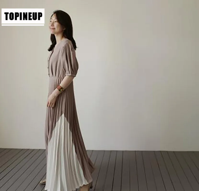 Высокая мода корейский дизайн женское Плиссированное длинное платье с оборками элегантное приталенное пляжное платье на пуговицах