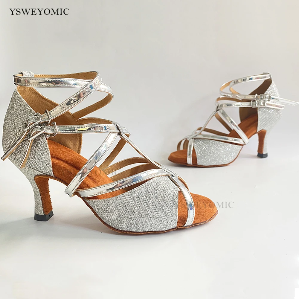 Dance Shoes 2022 Spring Style  Silver Shiny Glitter Salsa Dance Shoes Women Indoor Outdoor Soft insole Latin Dance Party Shoes