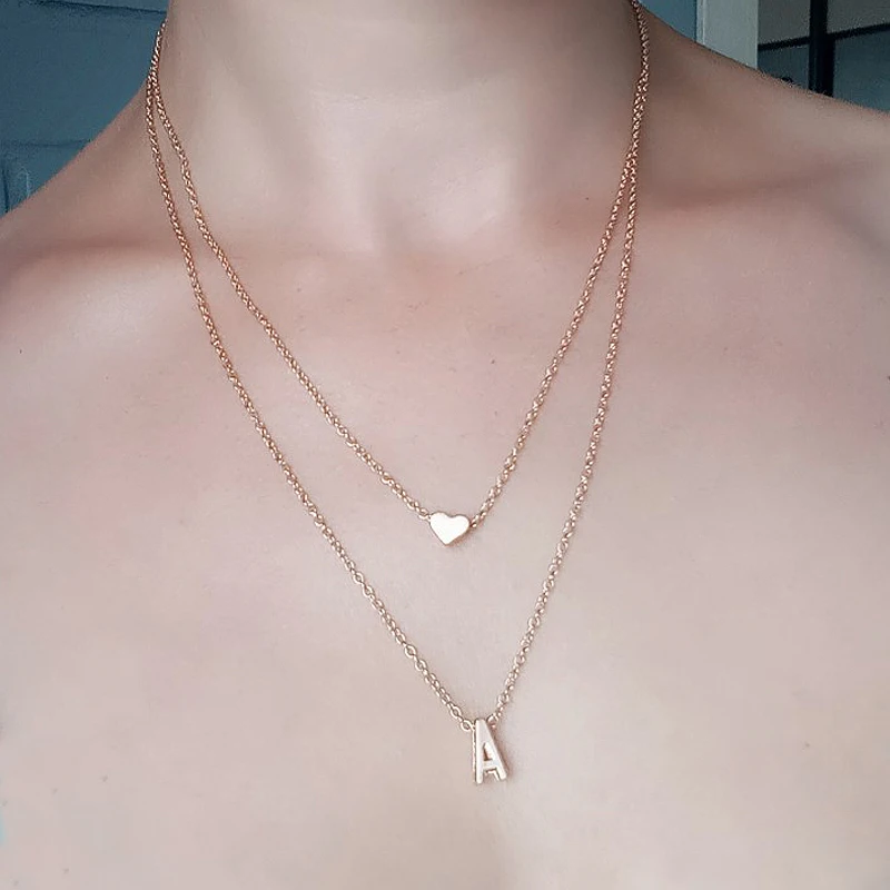 SMJEL Bijoux Tiny Heart Initial Double layer Necklace Women Personalize Letter Necklace 26 Letter Name Jewelry Girlfriend Gift