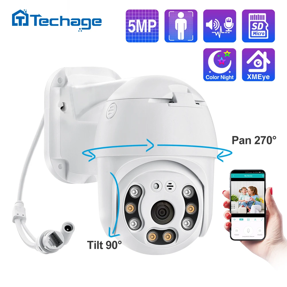Hot Products! Techage 5MP Security POE IP Camera 1080P PTZ Dome Video Camera Outdoor Ai Human Detect Two Way Audio 2MP Camera XMEye TF Card
