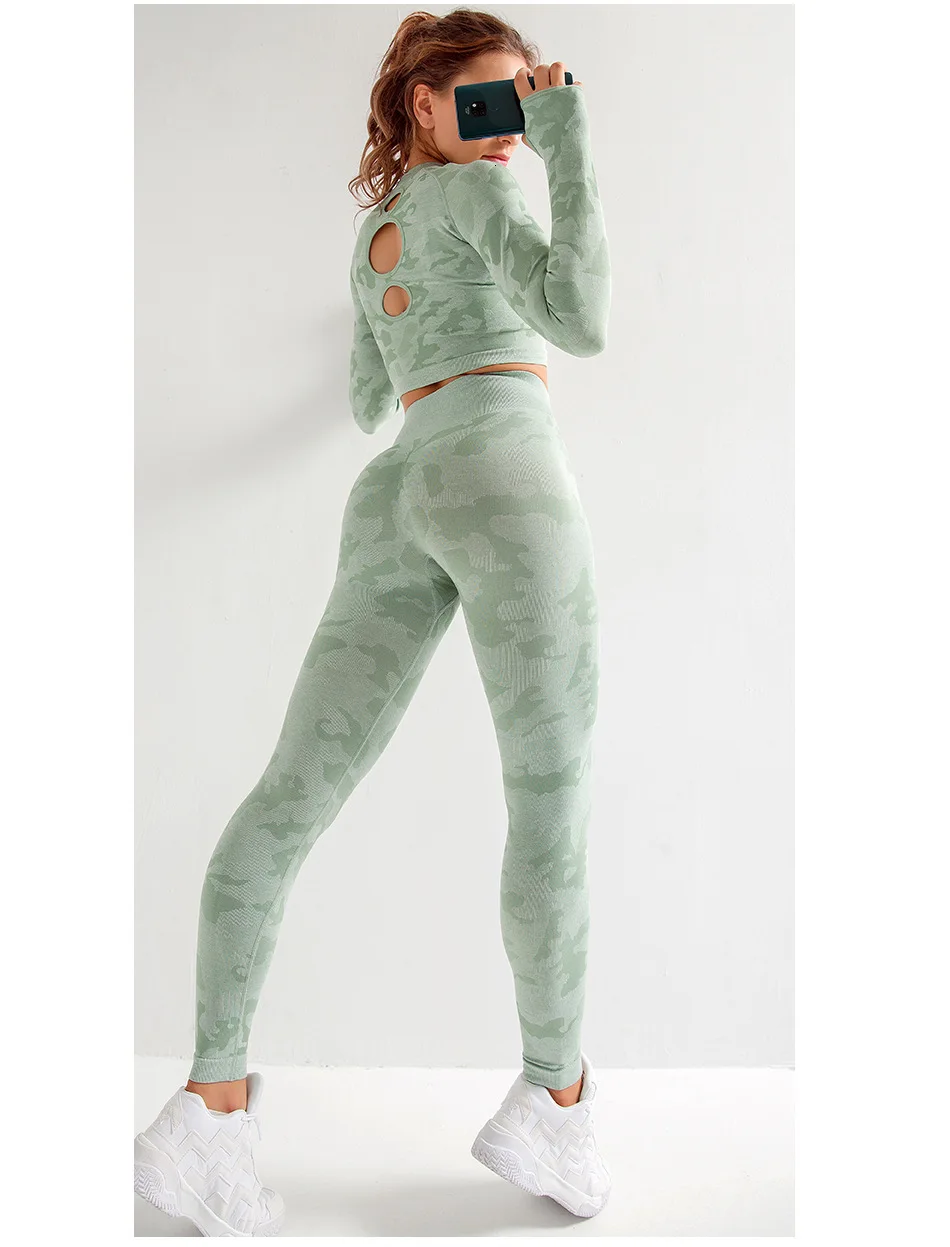 2 Piece Camo Women Yoga Set Gym Clothing Long Sleeve Camouflage High Waist Leggings Pants Workout Running Women's Sports Suit