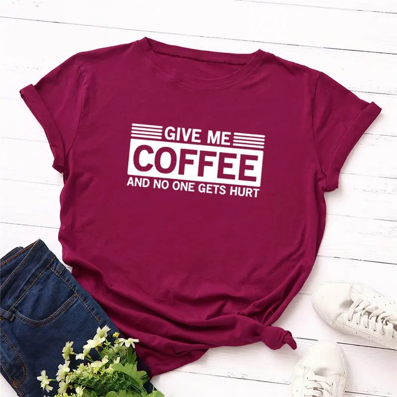 Модная женская футболка размера плюс, забавная футболка с надписью Give Me coffee, женская футболка с круглым вырезом и коротким рукавом, топы, S-5XL