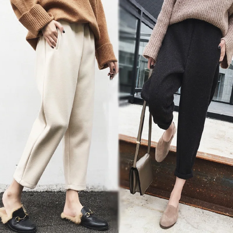 

2019 New Autumn winter high waist women's Harem Pants Female Woolen casual solid warm female long Trousers Ankle-Length Pants