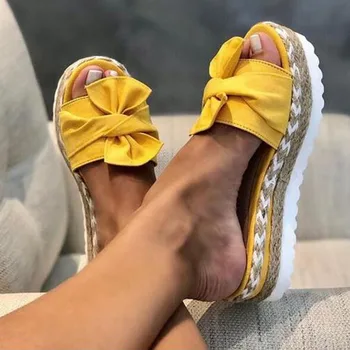 

Slippers Women Slides Bow Summer Sandals Bow-Knot Slippers Thick Soles Flat Platform Female Floral Casual footwear Plus Size