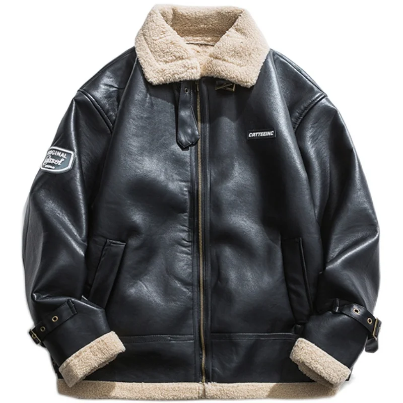 Men Winter Thicken Faux Fur Leather Motorcycle Jacket Overcoat Male Vintage Streetwear Hip Hop Loose Parkas Coat Outerwear | Мужская