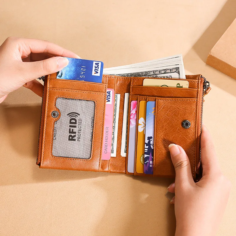 

Zhendian Treasure RFID Anti-Theft Brush Wallet Genuine Leather Short Clutch Double Zipper MEN'S Wallet Wallet