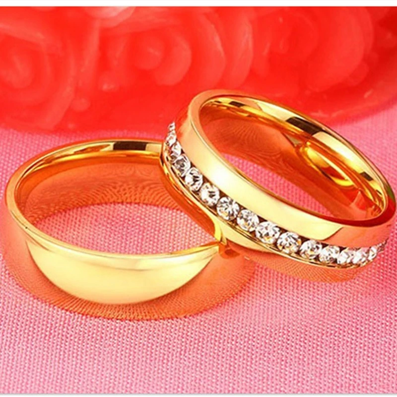 Gold Color Lover Crystal Stainless Steel Rings For Men Women Wedding Band Engrave Name Charm Gift crystal rings gold rings wedding rings couple rings stainless steel rings finger rings metal rings