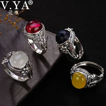 

V.YA Women Natural Stone Open Ring 925 Sterling Silver Jewelry Semi-precious Stone & Marcasite Stone Rings Female Ladies Gifts