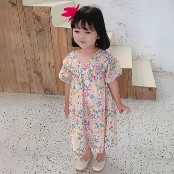 

New Summer Kids Girl Holiday Style Dress Girl Bubble Sleeve Floral Dress Princess Beauty Pageant Dresses Dropshipping