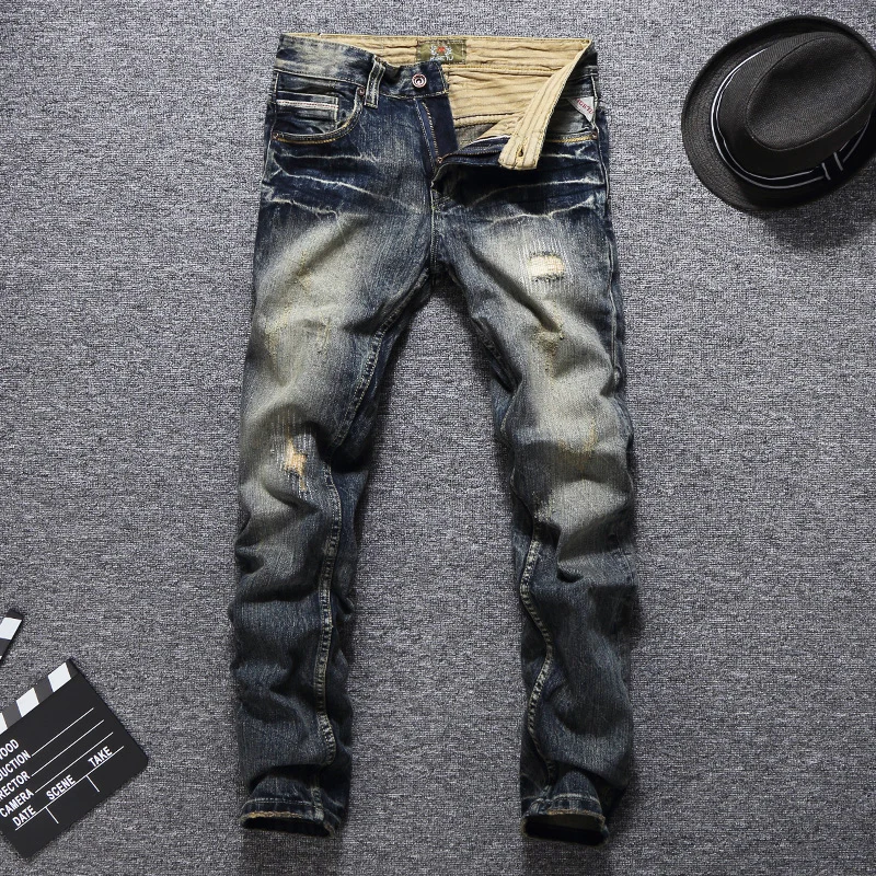 

Fashion Streetwear Men Jeans Retro Yellow Washed Slim Fit Ripped Jeans Men Patchwork Hip Hop Pants Vintage Designer Jeans Homme