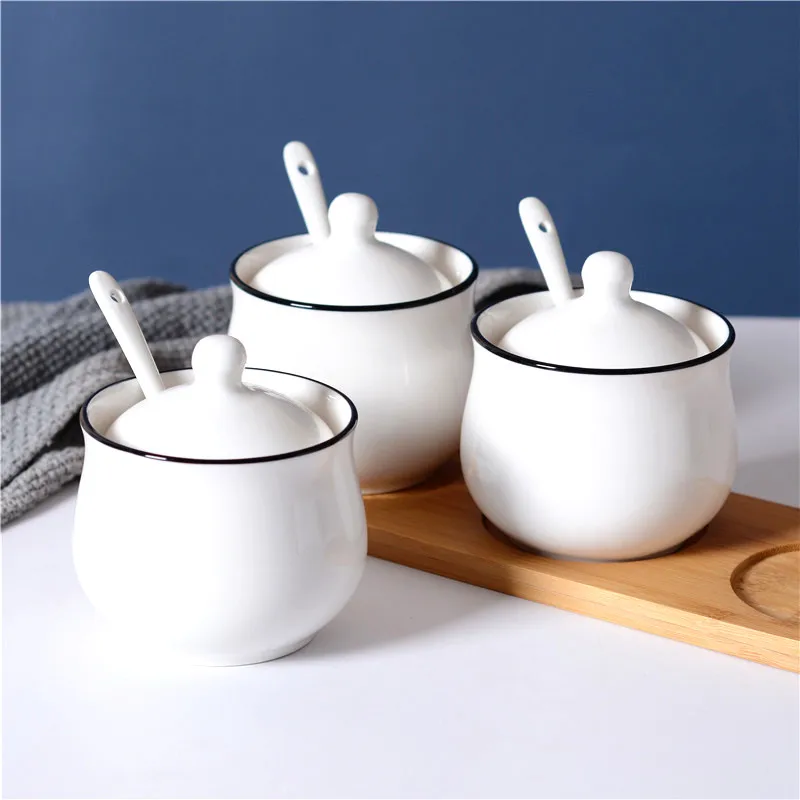 

Ceramic Seasoning Jar Olive Oil Bottle Sugar Bowl Wood Spice Rack Stackable Storage Seasoning Boxes With Spoon Kitchen Supplies