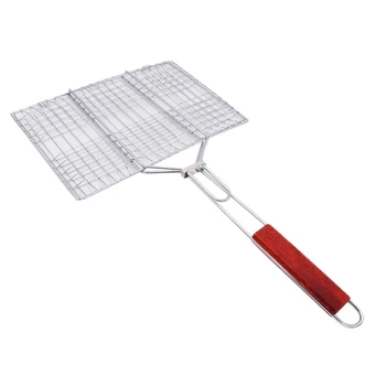 

Anti-Scald Wood Handle Barbecue Basket with Removable Handle Suitable for Fish Vegetable Steak Shrimp Stainless Steel Barbecue A