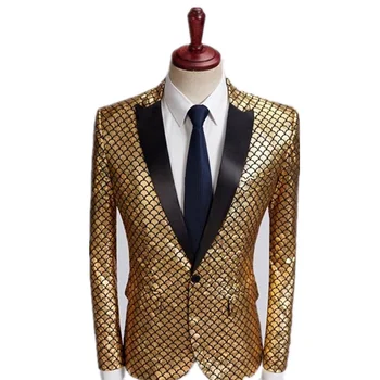 

New Gold Fish Scale Bronzing Men Suit Blazer Laser Banquet Stage DJ Hip-hop Singer Pop Jacket Tops Performance Costume Coat
