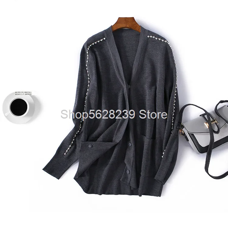

Female 2020 Season V Collar Nail Beads Cardigan Knitting Coat Leisure Medium Length Sweater