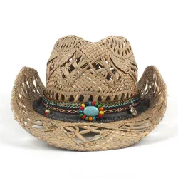 2021NEW 100% Natural Straw Cowboy Hat Women Men Handmade Weave Cowboy Hats For Lady Tassel Summer Western Sombrero Hombre
