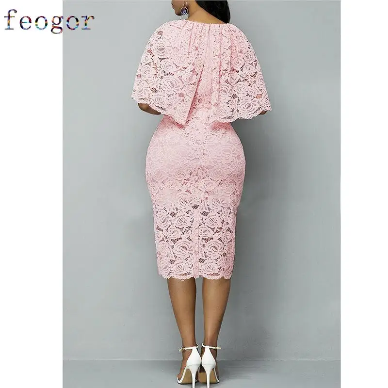 AliExpress Amazon Women's Shawl Elegant Lady Mid-Length Slim-Fit Sheath Lotus Pink Lace Dress