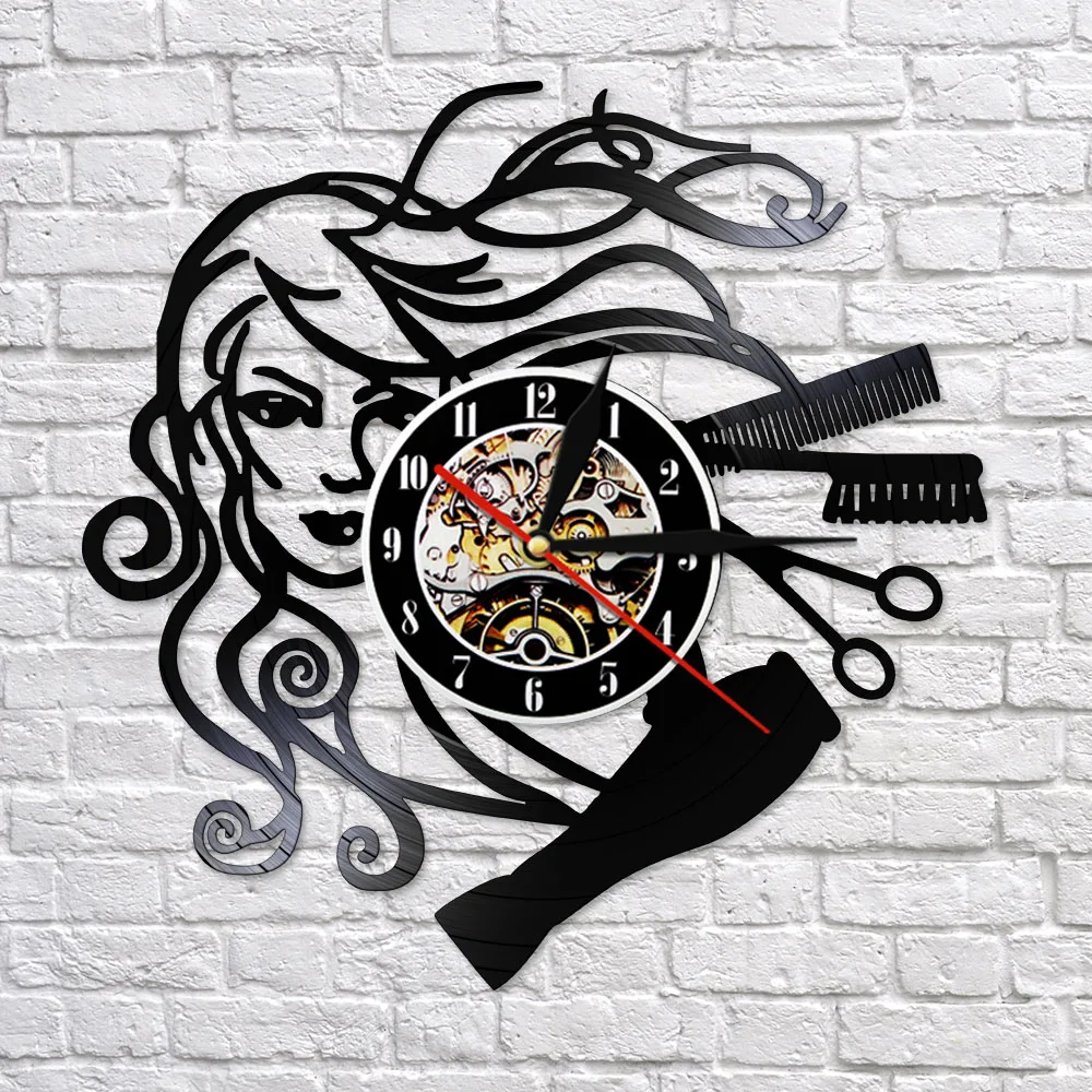 Beauty Salon Vinyl Record Wall Clock Hair Stylist Salon Barber Shop Handmade Wall Clock Hairdresser Gifts for Woman