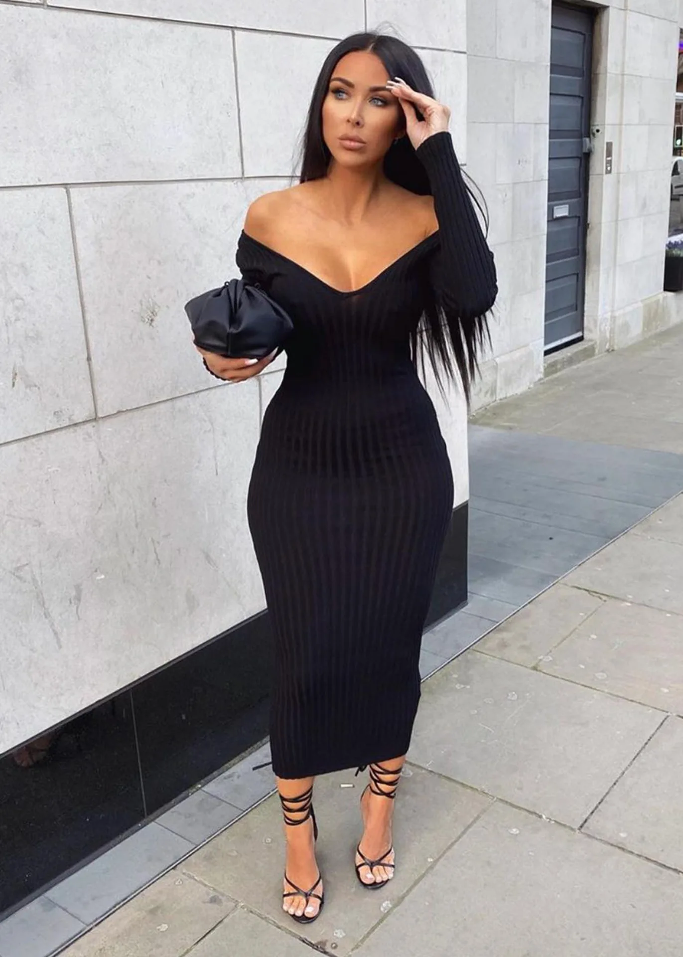 Women Autumn Solid Ribbed Maxi Knitted Dress V Neck Sexy Slim Elastic Basic Long Bodycon Dress Winter Off Shoulder White Dresses 1