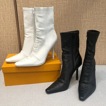 

2020 autumn and winter stiletto pointed toe small square toe white high-heeled boots satin embroidered letter single boots
