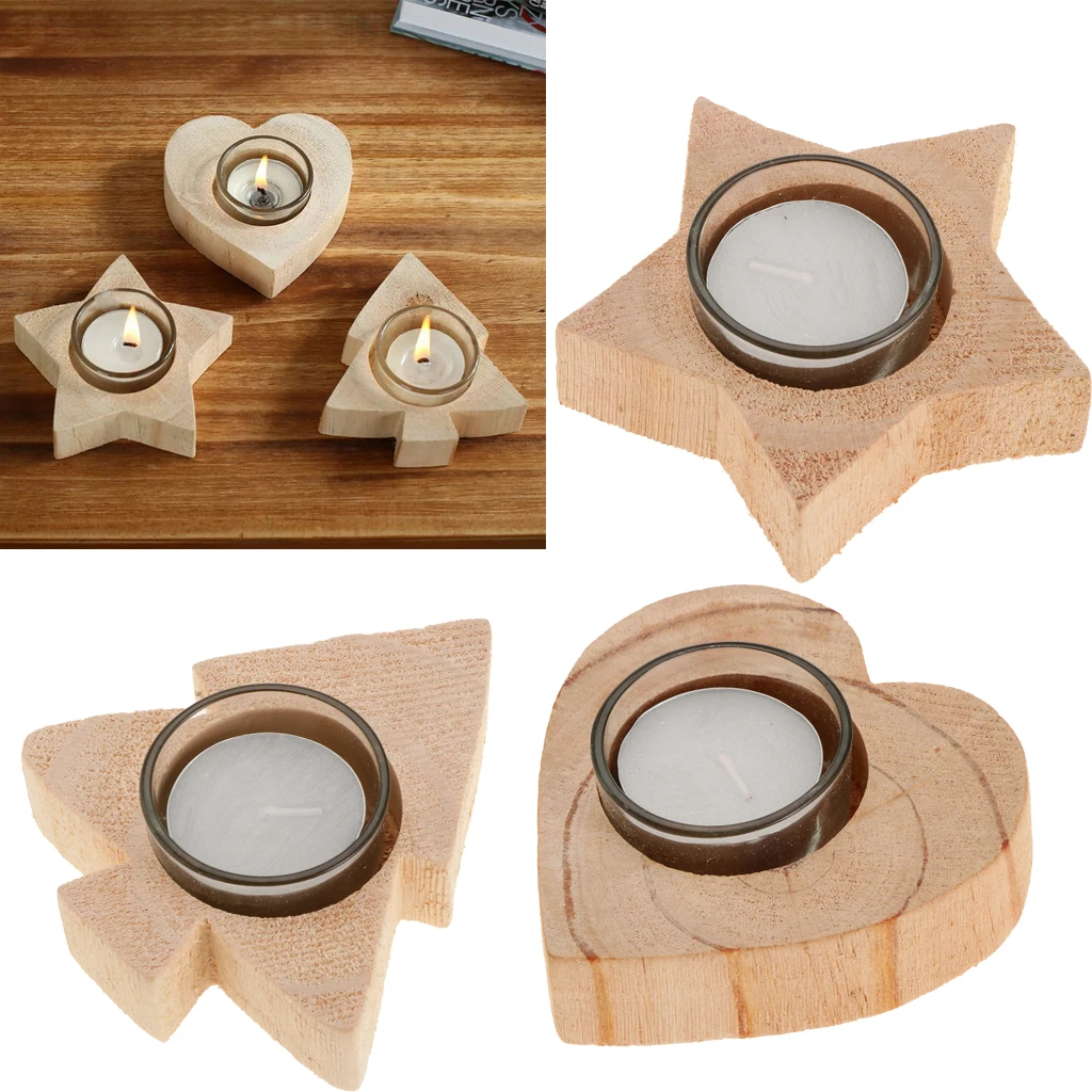 SOLID WOOD CANDLE TEA LIGHT HOLDER NATURAL XMAS WEDDING HOLIDAYS CANDLESTICK - Star, Xmas Tree, Heart Shape