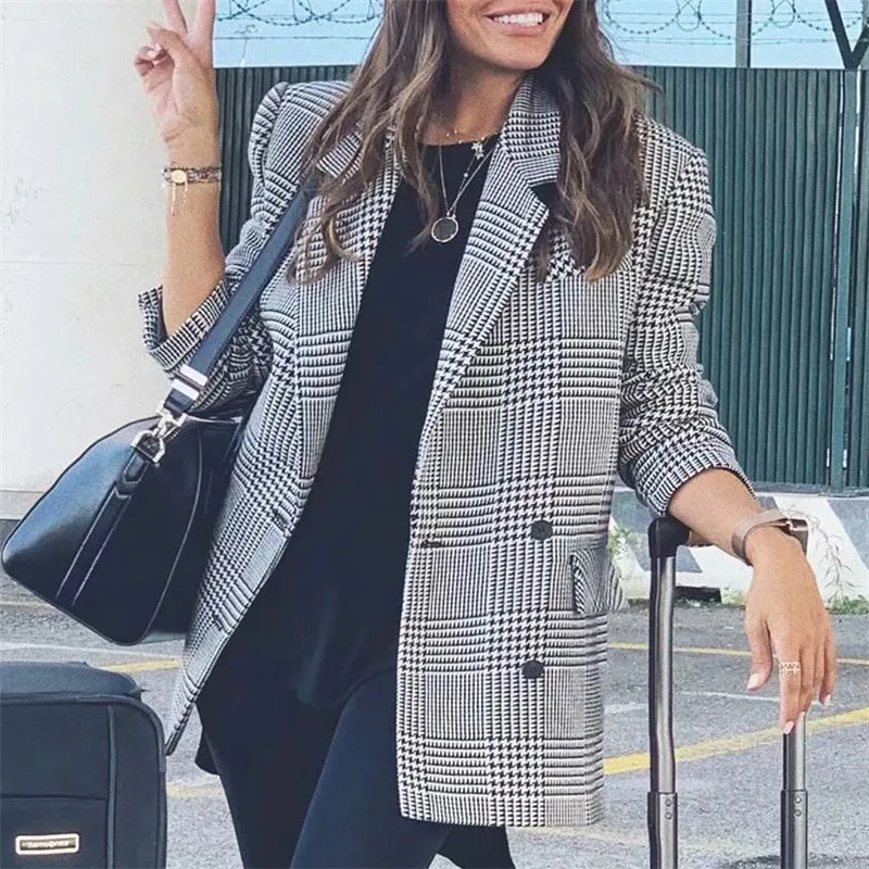 Plaid double breasted ladies blazer Long sleeve casual office ladies blazer coat Button streetwear women blazers jacket