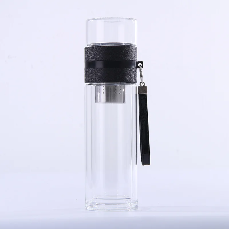Double-layer Tea Bottle High Borosilicate Glass Water Bottle Men's Office Special High-grade Teapot with Tea Partition Glass Cup - Цвет: Черный