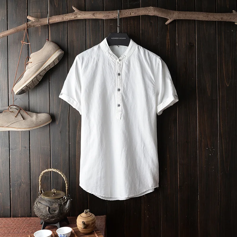 mens shirts summer male clothing Single Breasted Short sleeve Stand collar solid color flax Ventilation man clothes h57