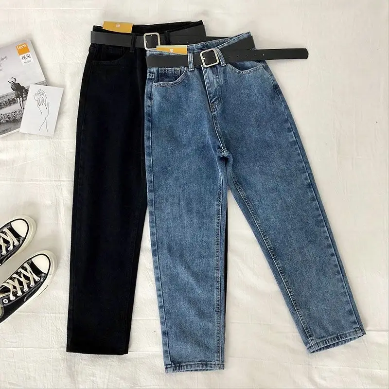 Vintage High Waist Jeans Women Solid Straight Pants Loose Casual High Street Denim Trousers Pantalon Femme Plus Size With Belt