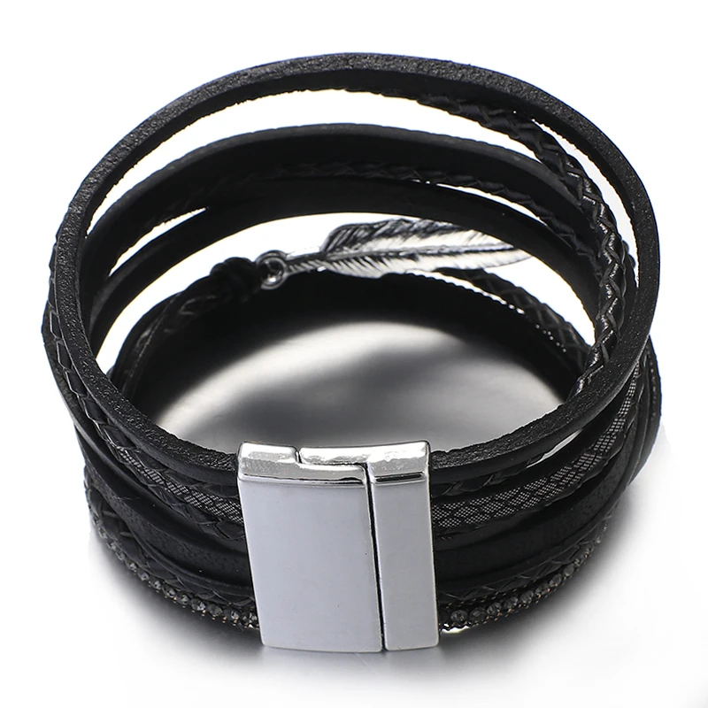 Leather Bracelet ALLYES Vintage Leaf Feather Multilayer Leather Bracelet Men Fashion Braided Handmade Rope Wrap Bracelets Female Jewelry