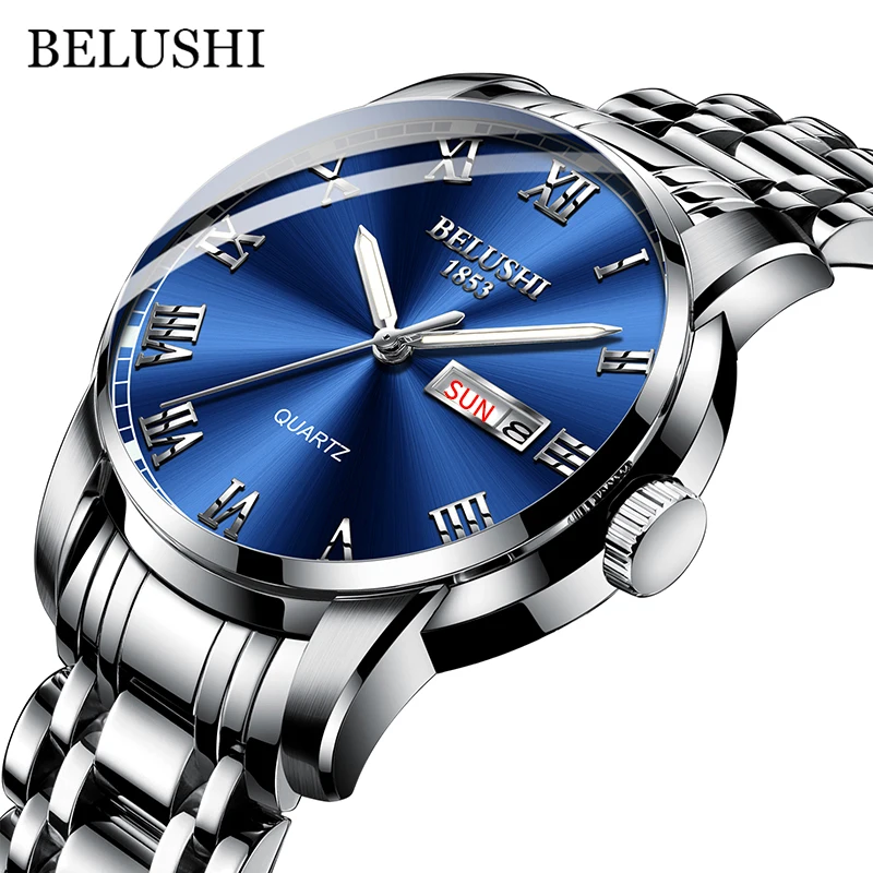BELUSHI мужские часы классические бизнес роскошные Брендовые Часы мужские водонепроницаемые светящиеся часы из нержавеющей стали часы с датой Relogio Masculino - Цвет: Silver Blue