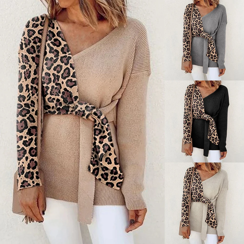 2019 Women Autumn Sweaters Casual Leopard Print Patchwork Knitwears Women Deep V Neck Contrast Tops Female Long Sleeve Pullovers