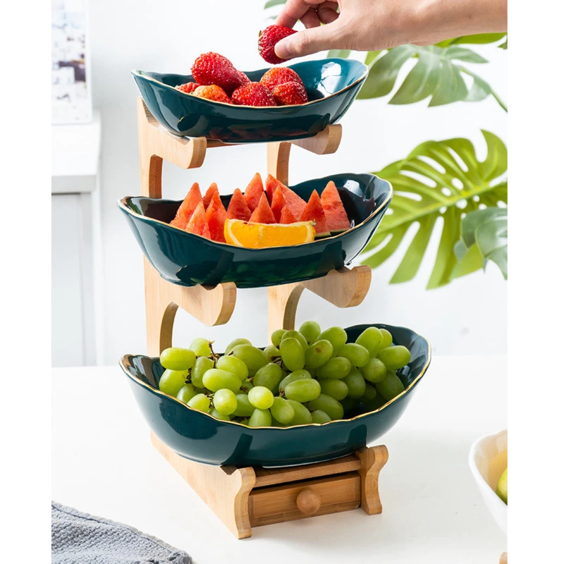 US $52.50 Ceramic Candy Dish Living Fruit Tray ThreeLayer Fruit Plate Snack Plates Creative Modern Dried Fruit Basket With Storage Box