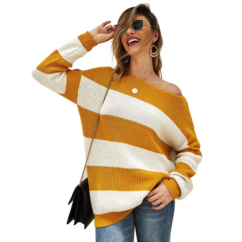 Autumn Women Off The Shoulder Pullovers Jumpers Sexy Striped Sweater Knitted Loose Casual Warm 2019 Mujer Pullover | Женская одежда