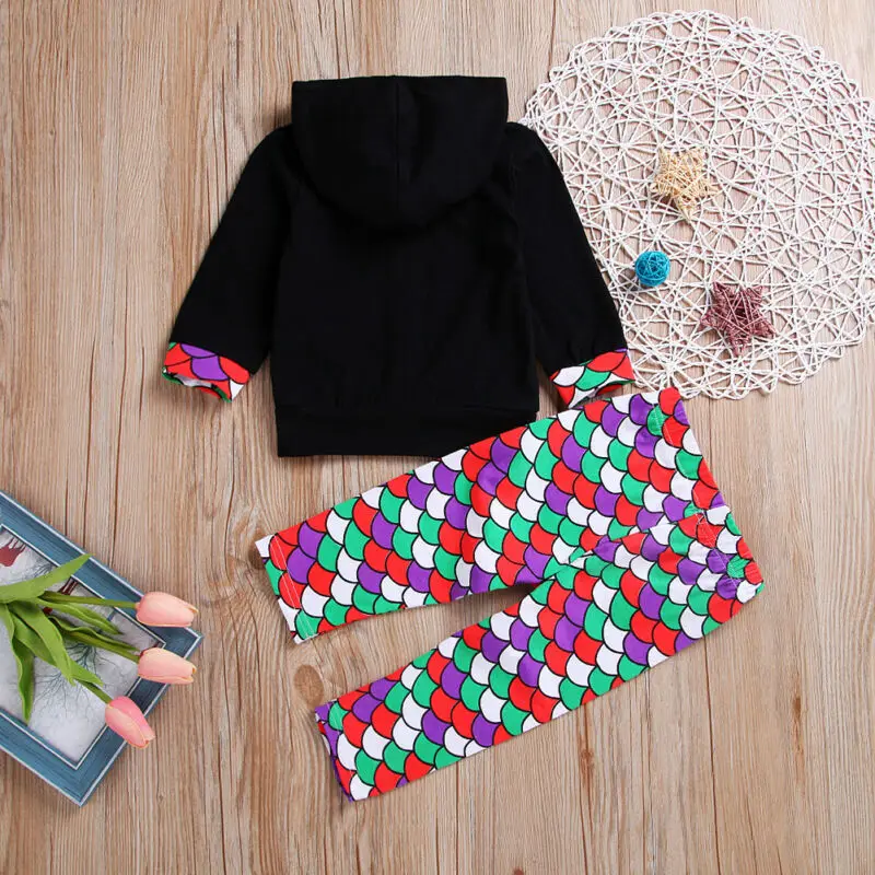 2PCS Mermaid Clothes Girl Suit Costume For Girl Long Sleeved Hooded Trousers Children Clothes Autumn Roupa Infantil Menina 0-4T