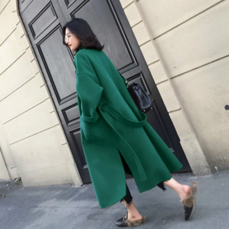 green Neploe зимнее пальто женское модное длинное шерстяное Свободное пальто большого размера со шнуровкой Abrigos Mujer Invierno Корейская Элегантная куртка 46586 - Цвет: green